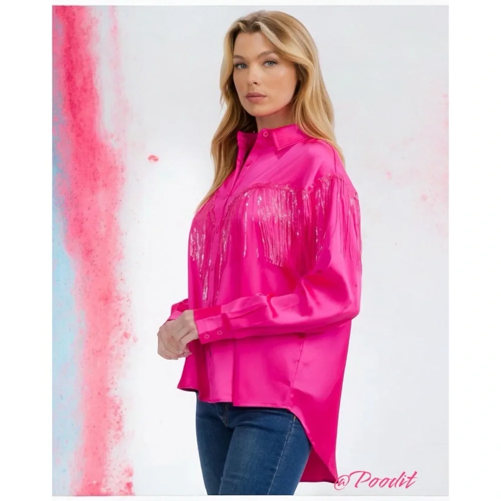 FANTASTIC FAWN Button down sequin fringe top S M L - Picture 4 of 10